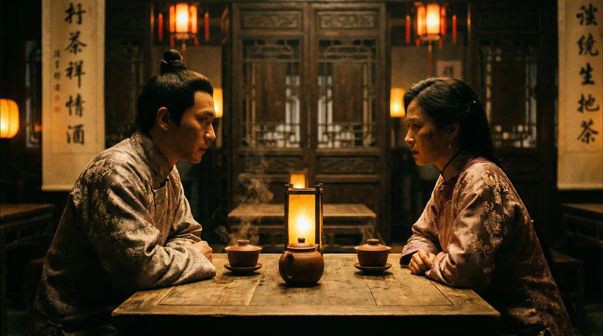 日本三级古装剧情片拍摄剧照-茶馆对话场景