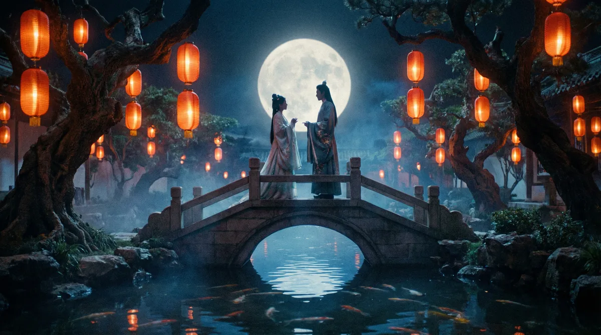 日本三级古典爱情片拍摄剧照-月下花园场景